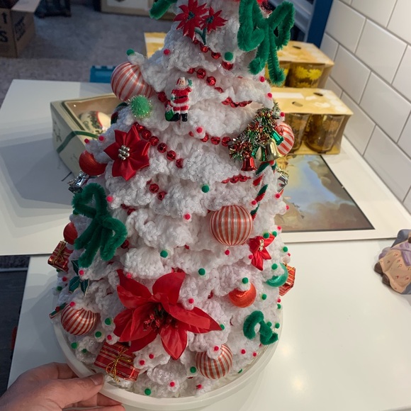 VTG Handcrafted crocheted Christmas Tree with ornaments Kitschy - Picture 2 of 6